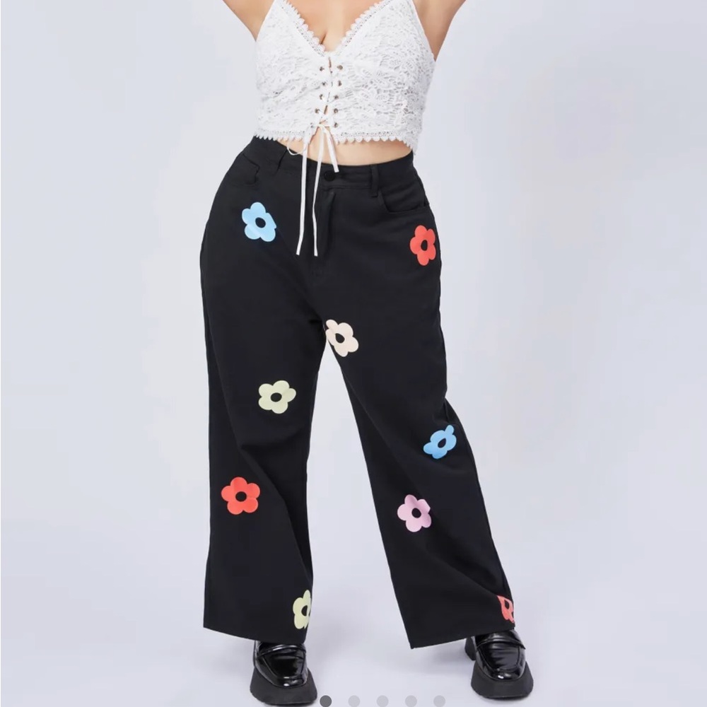 Cider Fun Floral Black Wide Leg Jeans